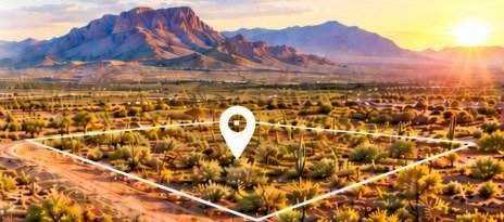 Marked desert land parcel at sunset